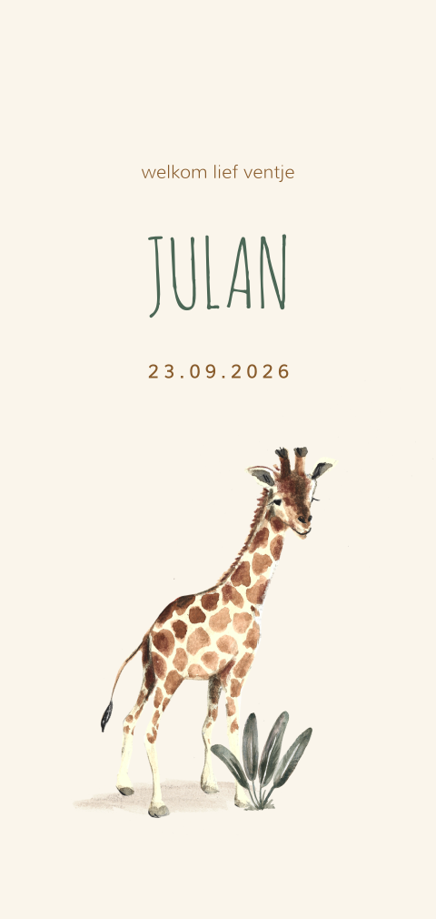 Geboortekaart zoontje met illustratie van baby girafje en ronde hoeken
