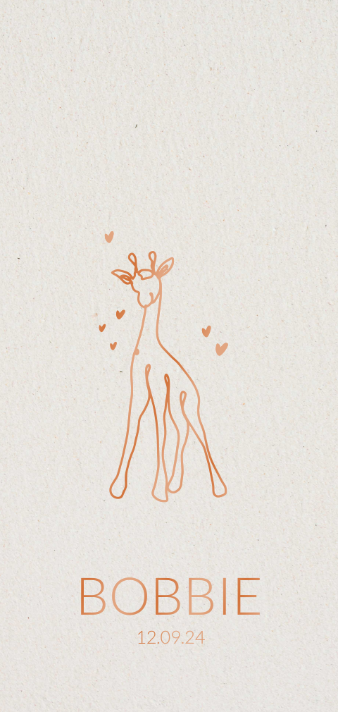 Hoogglans geboortekaartje met girafje en hartjes