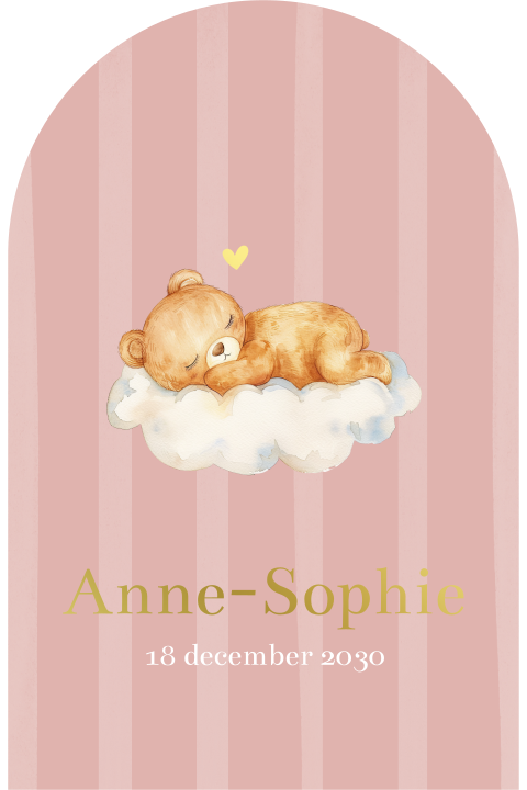 Origineel geboortekaartje met strepen en lief beertje op wolkje