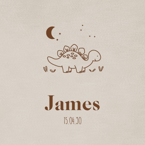 Vrolijk geboortekaartje bruin met illustratie van dino