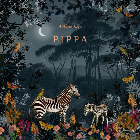 Hoogglans geboortekaartje botanisch met zebra's