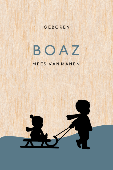 Echt houten babykaartje met silhouet kindje op slee