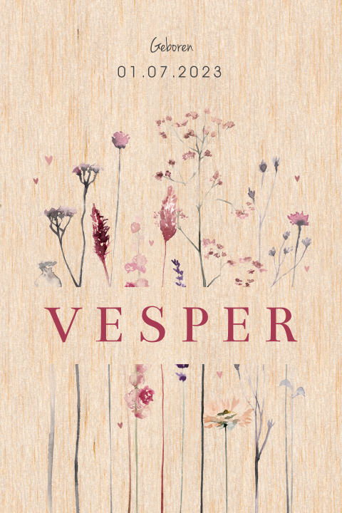 Geboortekaart van echt hout voor dochtertje met allerlei bloemen