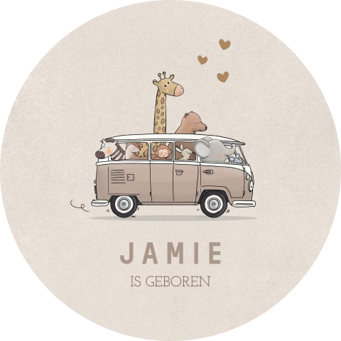 Ronde raamsticker beige met busje en jungledieren