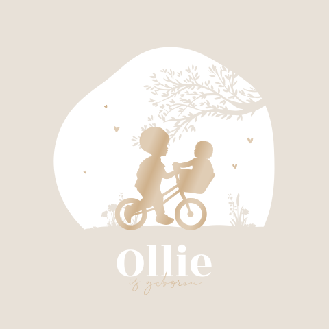 Lief hoogglans geboortekaartje met silhouetjes op een fiets