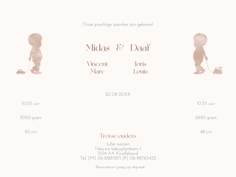 Prachtige tweelingkaart met silhouet van jongens in neutrale kleuren