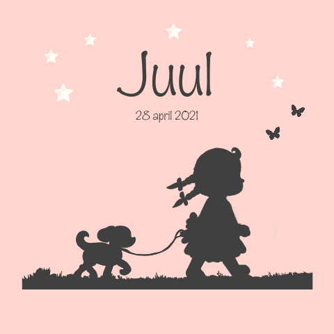 Lief geboortekaartje met silhouet van meisje en hondje