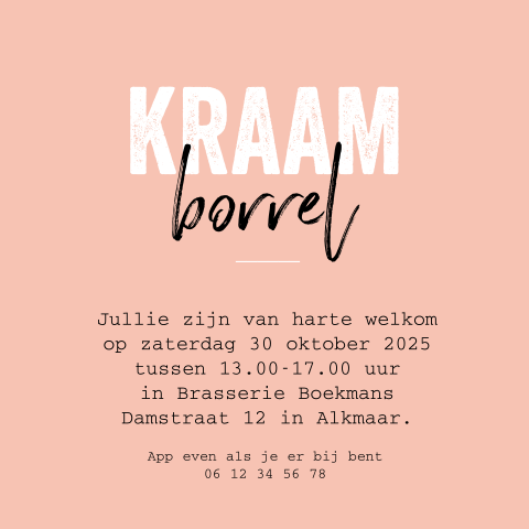 Zalmroze kraamborrelkaart met hippe lettertypes