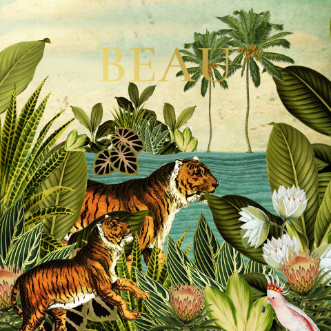 Retro goudfolie geboortekaartje met tijgers in de jungle