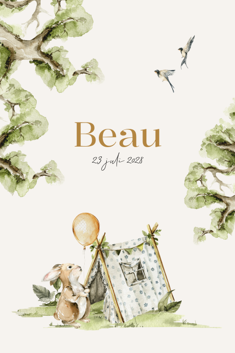 Lief geboortekaartje met watercolour illustraties van konijn in bos