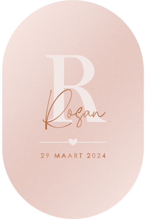 Uniek ovaal geboortekaartje met initiaal en hoogglans voor een meisje