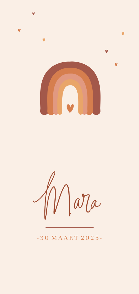 Trendy geboortekaartje voor meisje met regenboogje in terracotta