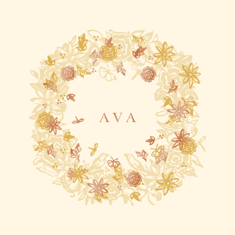 Hoogglans geboortekaartje met bloemenkrans op gele achtergrond