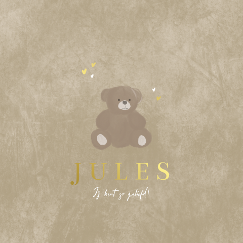 Stoer geboortekaartje met velvet-look, goudfolie en beertje