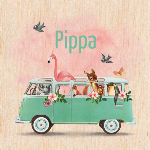 Echt houten geboortekaartje volkswagenbusje met dieren en bloemen