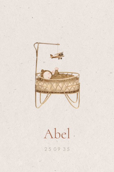 Vintage neutraal babykaartje met wiegje en vliegtuigje