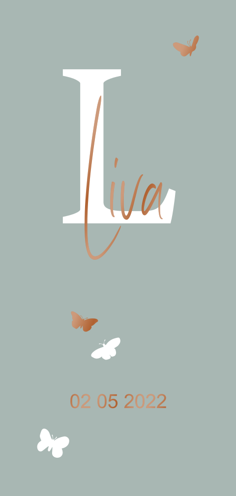 Hip hoogglans geboortekaartje voor meisje met initiaal en vlindertjes