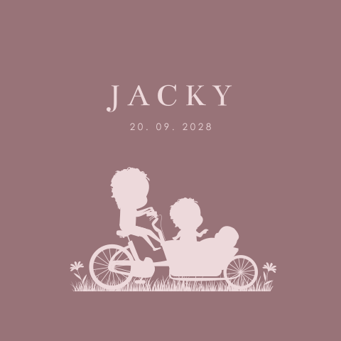 Hip geboortekaartje zusje met silhouetjes op bakfiets