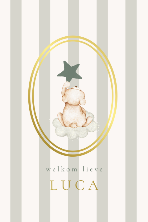 Lief geboortekaartje met streepjespatroon en beige beertje 
