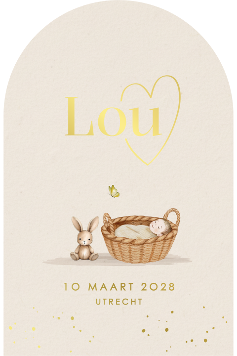 Schattig geboortekaartje in boogvorm met wiegje en naam met hartje