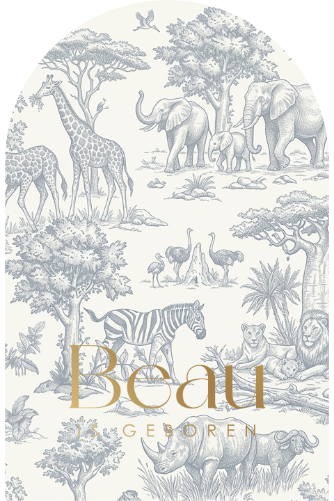 Origineel geboortekaartje met safaridieren in Toile de Jouy-style