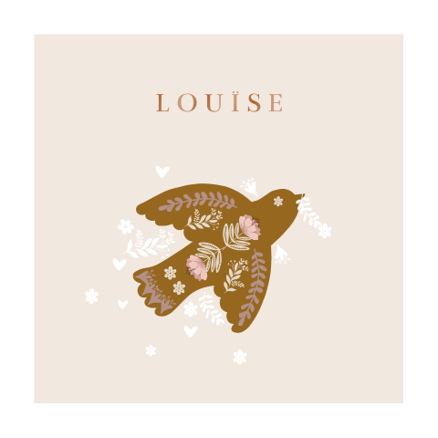 Prachtig kaartje met hoogglans en vogel in folk thema voor een meisje