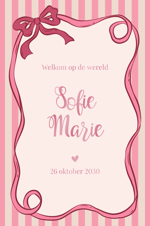 Gestreept roze geboortekaartje met strik