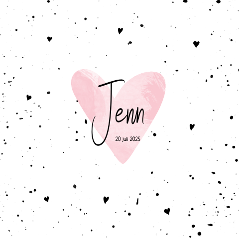 Lief en hip geboortekaartje met zwarte verf spatten en waterverf hart