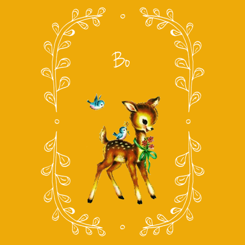 Okergeel geboortekaartje voor een meisje met retro hertje