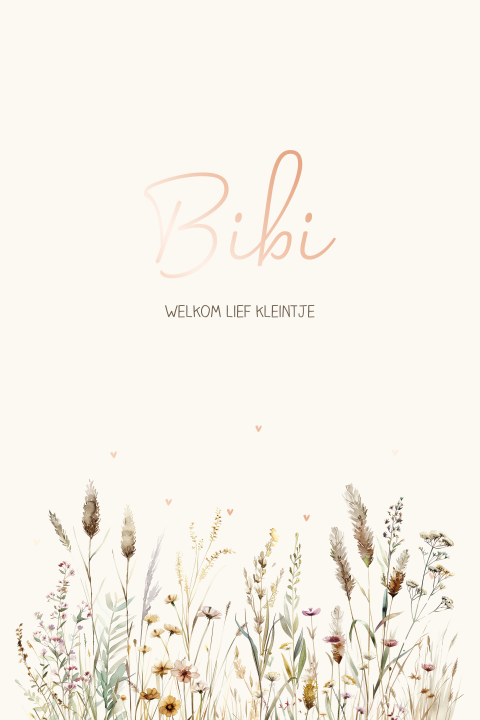 Lief geboortekaartje meisje met veldbloemen en roségoudfolie