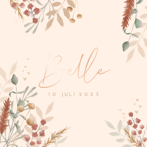 Vrolijk geboortekaartje met roségoudfolie en takjes voor een meisje