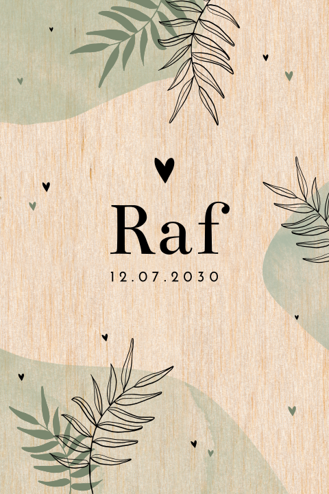 Mooi houten geboortekaartje met hartjes, takjes en groene watercolour