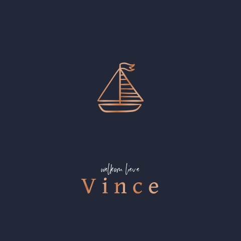 Clean hoogglans geboortekaartje voor jongen donkerblauw met bootje