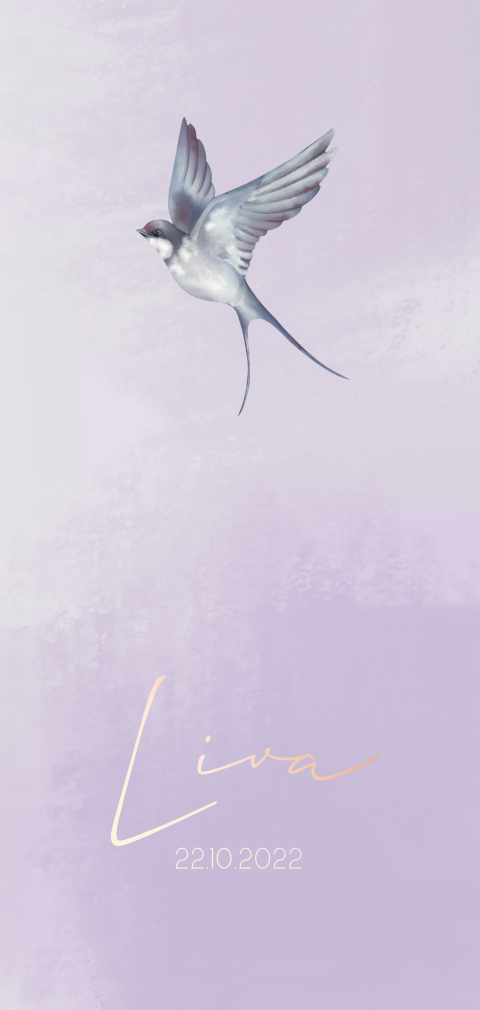 Lila geboortekaartje met roségoudfolie, verfstrepen en zwaluw