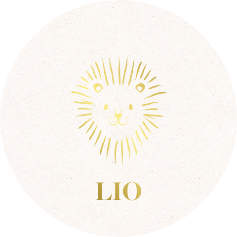 Origineel rond goudfolie geboortekaartje met lijntekening van leeuw