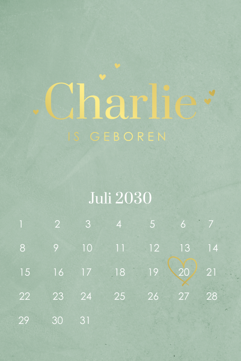 Origineel velvet groen geboortekaartje met geboortedatum op kalender