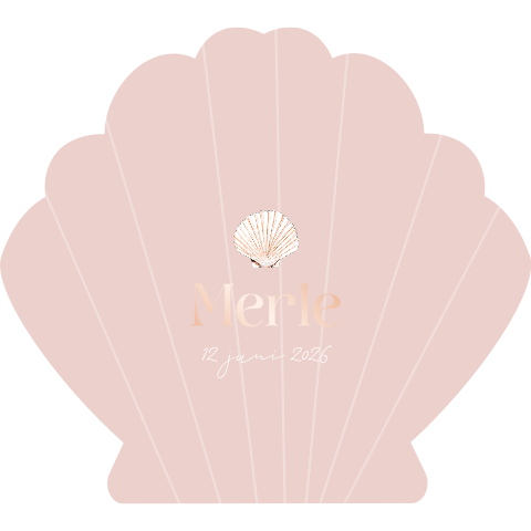 Uniek geboortekaartje in schelp vorm met roségoudfolie voor een meisje