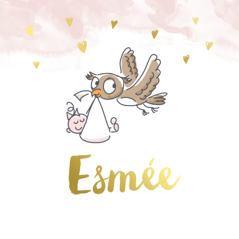 Goudfolie lieve babykaart met uil en hartjes