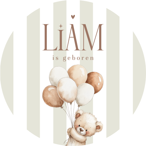 Ronde raamsticker met naam, strepen en lief beertje met ballonnen