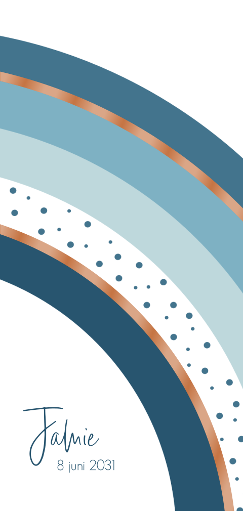 Langwerpig geboortekaartje jongen met blauwe regenboog en hoogglans