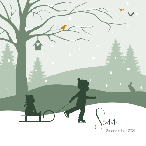 Babykaartje met winters landschap in groene tinten voor een broertje