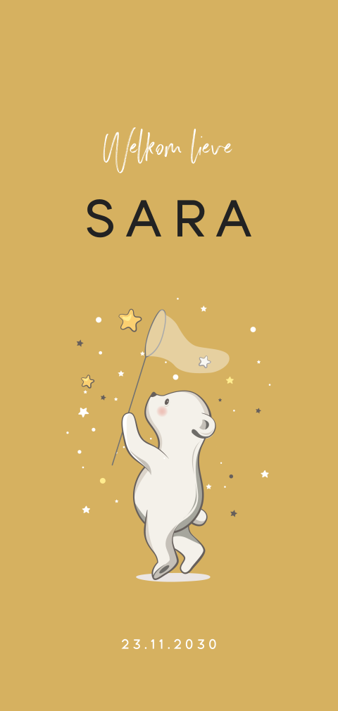 Schattig okergeel geboortekaartje voor meisje met beertje en sterren