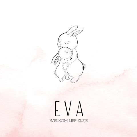 Lief babykaartje voor een meisje met konijntjes en roze watercolour