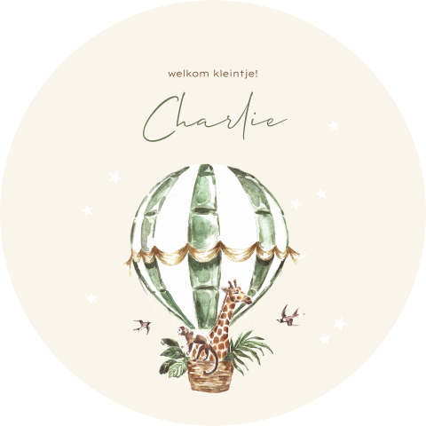 Rond unisex geboortekaartje met luchtballon en jungledieren