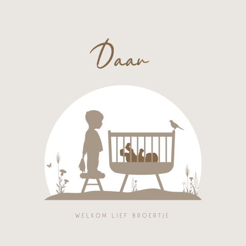 Beige geboortekaartje met silhouetje van wiegje met grote broer