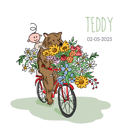 Vrolijk geboortekaartje met beer op fiets vol bloemen