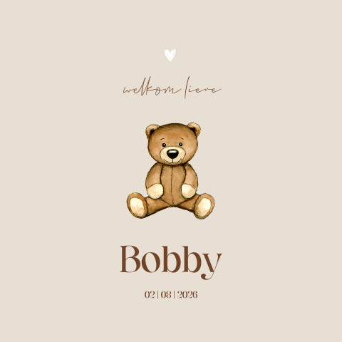 Vierkant geboortekaartje beige met teddybeer