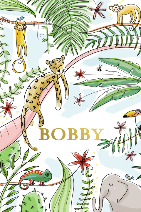 Vrolijk goudfolie geboortekaartje met illustratie van jungle dieren