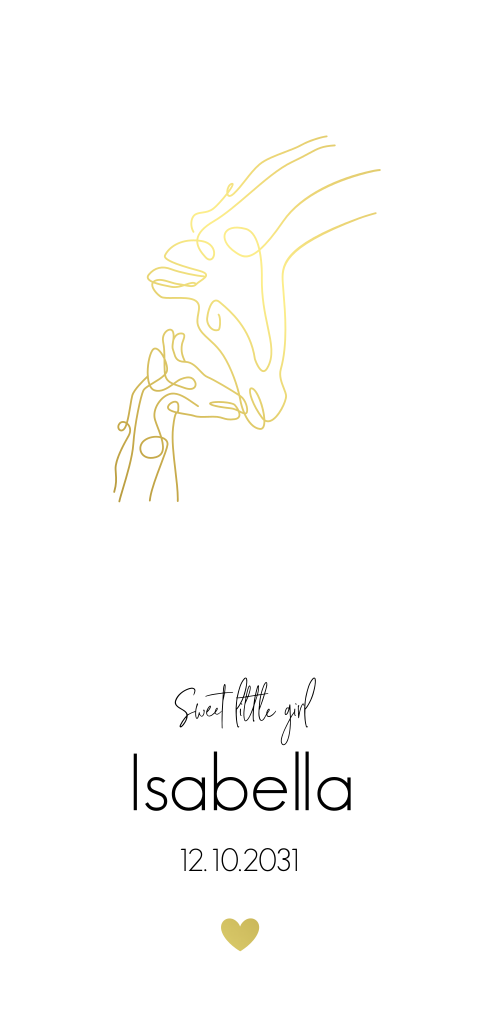 Lief geboortekaartje dochter met goudfolie lijntekening van giraffes