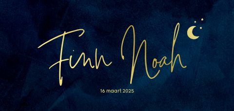 Hippe geboortekaart zoon goudfolie maan en sterren op donkerblauw